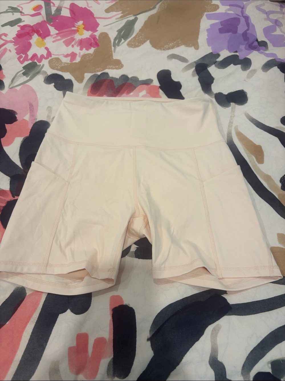 High-Waist Cream Bike Shorts with Pocket Panels